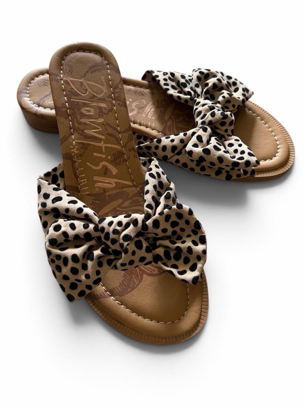 Blowfish Malibu Leopard Bow Slide Sandals in Tan and Black